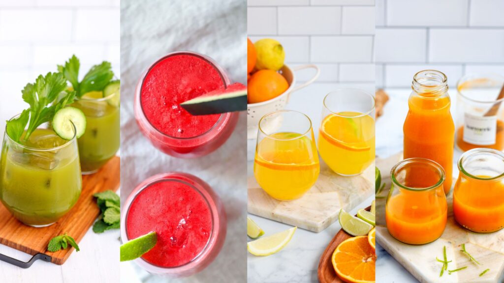 Selection of refreshing drinks including green juice, watermelon juice, electrolyte drink and fresh orange juice from the OYM app